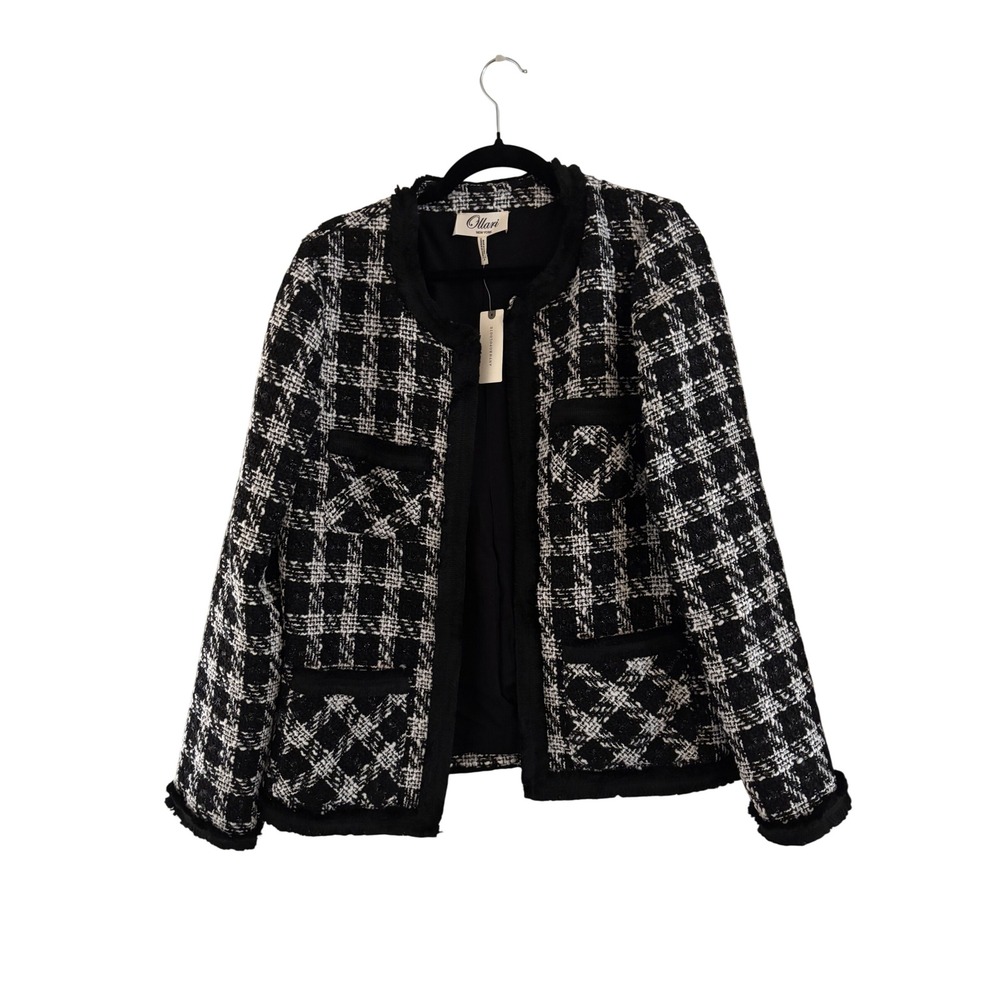 NWT $128 Ollari New York Anthropologie Black White Plaid Tweed Fringe Small